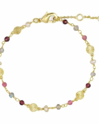 Pure By Nat 17 Cm Armbånd M. Multi Natursten Og Guldblomst Guldbelagt